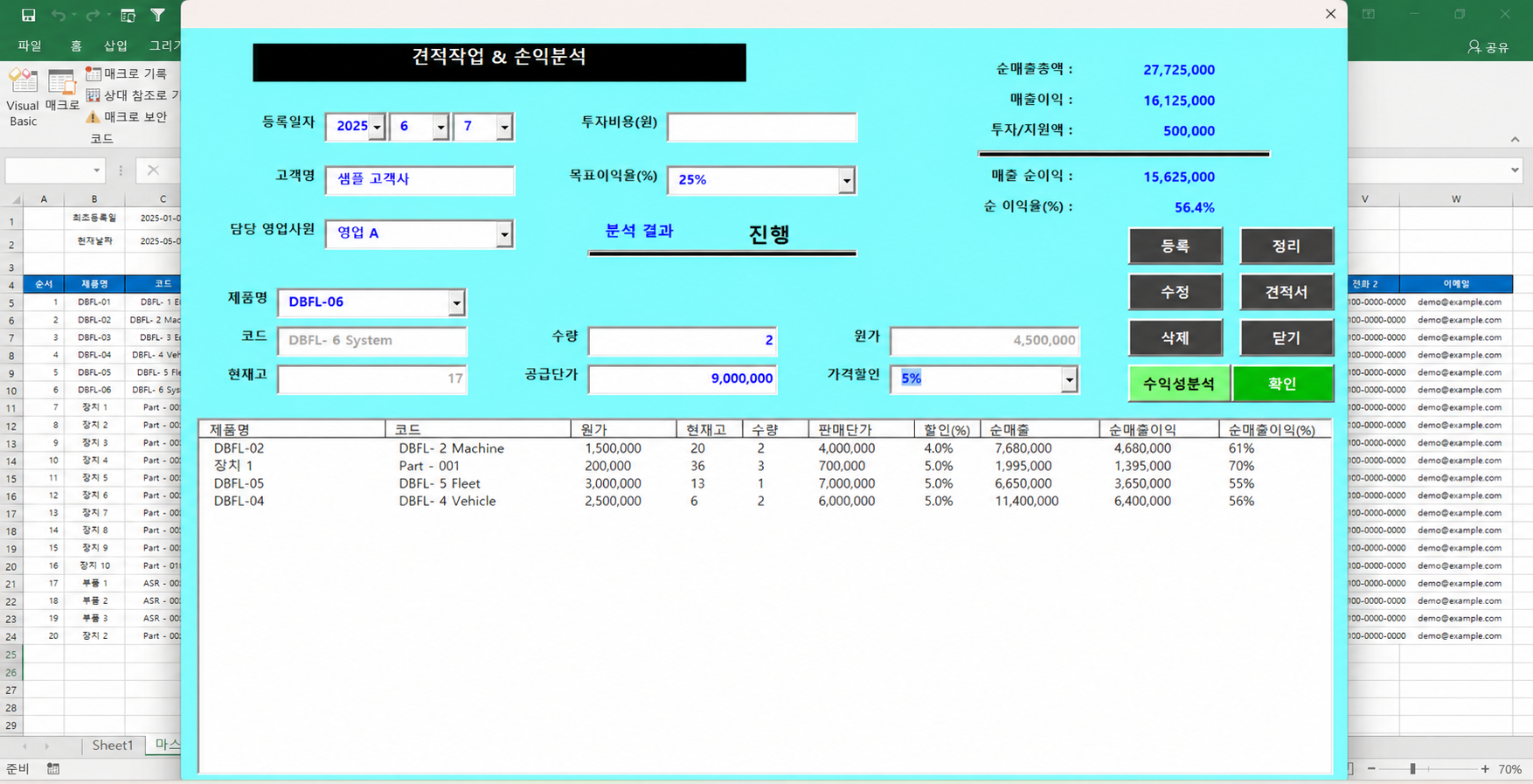 개인정보를 익명화한 견적과 손익분석 화면