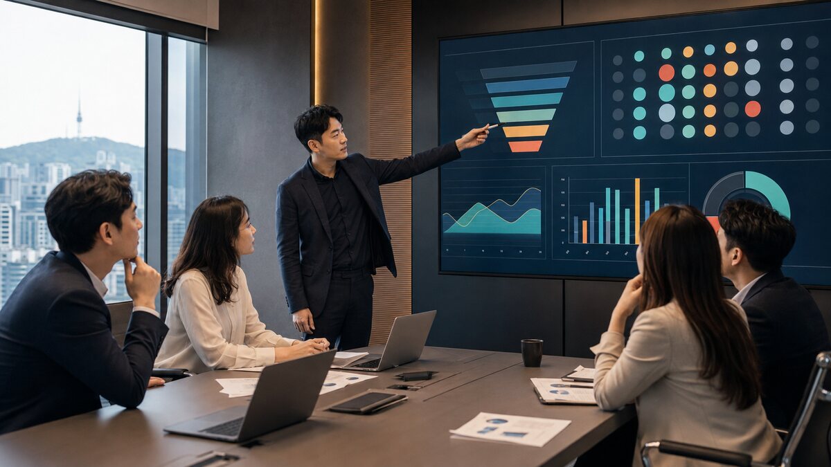 영업팀이 파이프라인과 CRM 데이터를 바탕으로 기회를 검토하는 장면